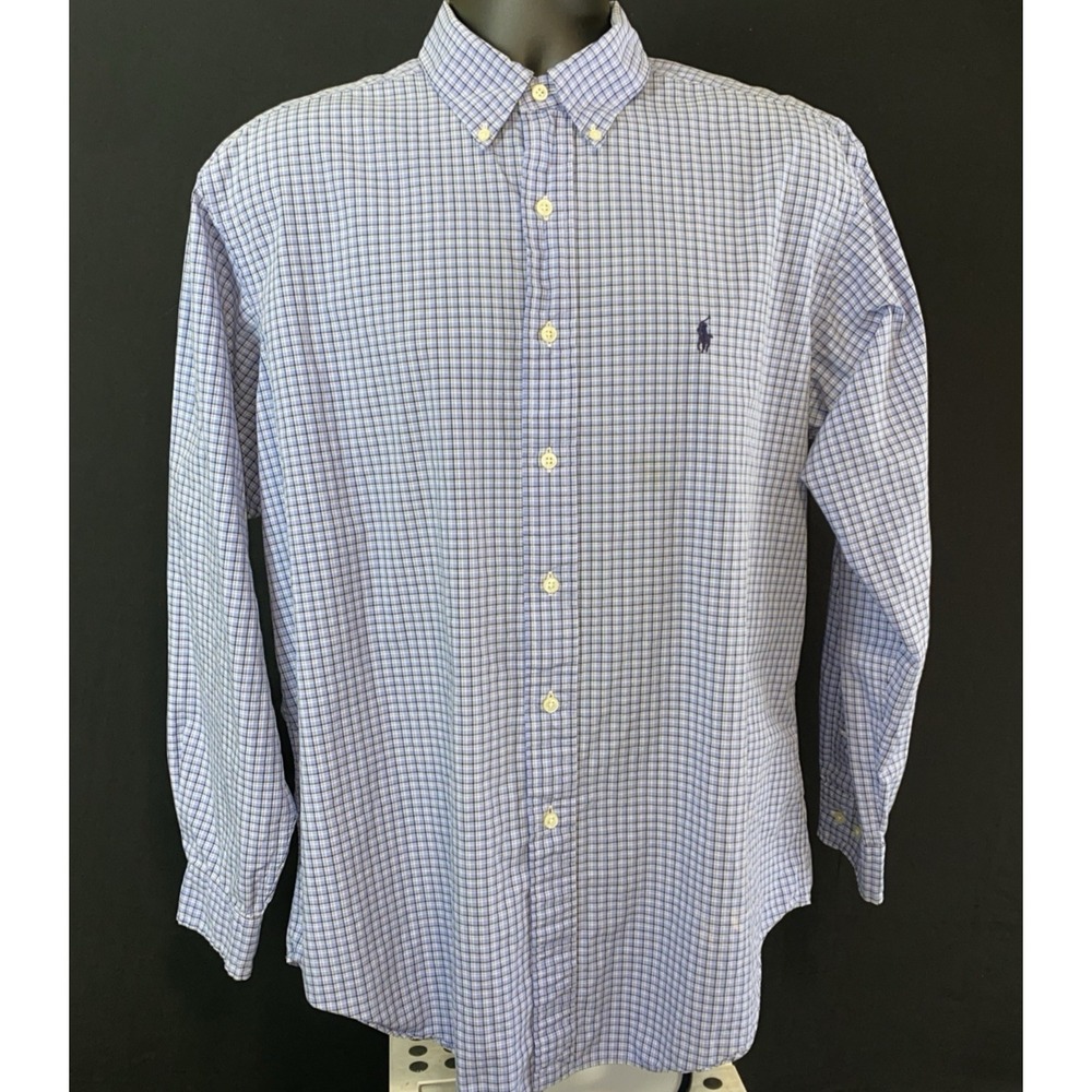 Ralph Lauren Custom Fit Button Down Shirt Mens Large White/Blue Check L/S Preppy